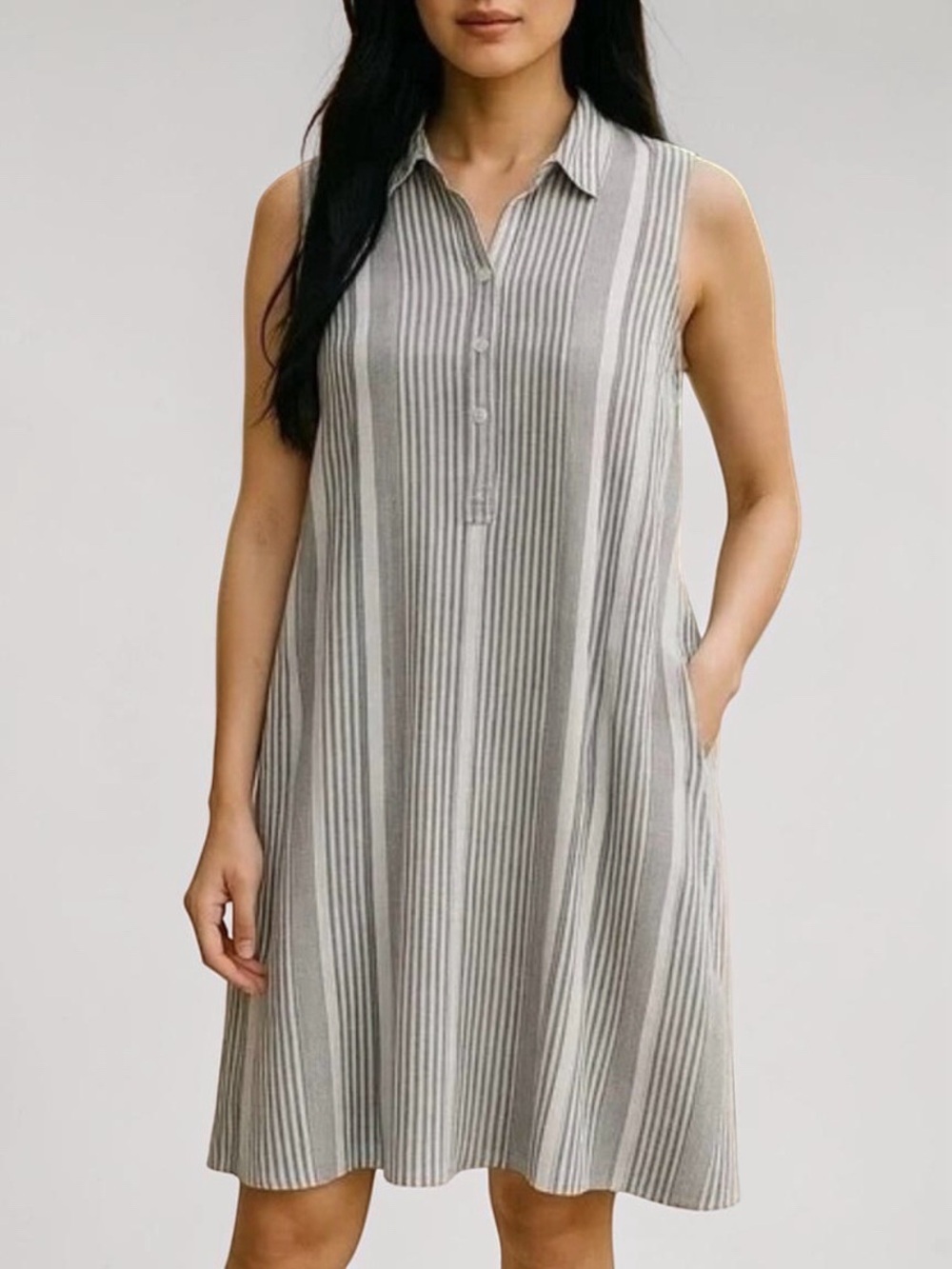 Tahari 100% Linen Shirt Dress 1X Tunic Shift Black White Striped Sleeveless